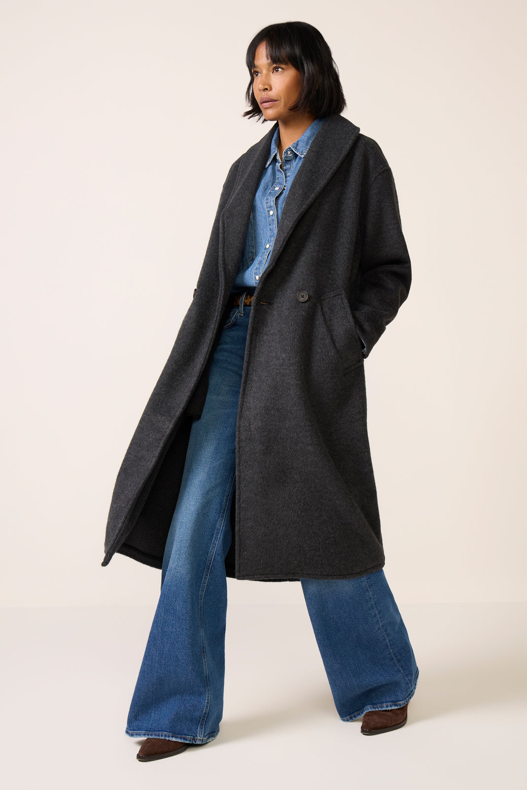 ジャケット・アウター GRAY THEREDTHREAD S MAXI TAILORED COAT Long Sleeve Cinched Waist Blazer Wool Look Maxi Coat In Grey | EGO