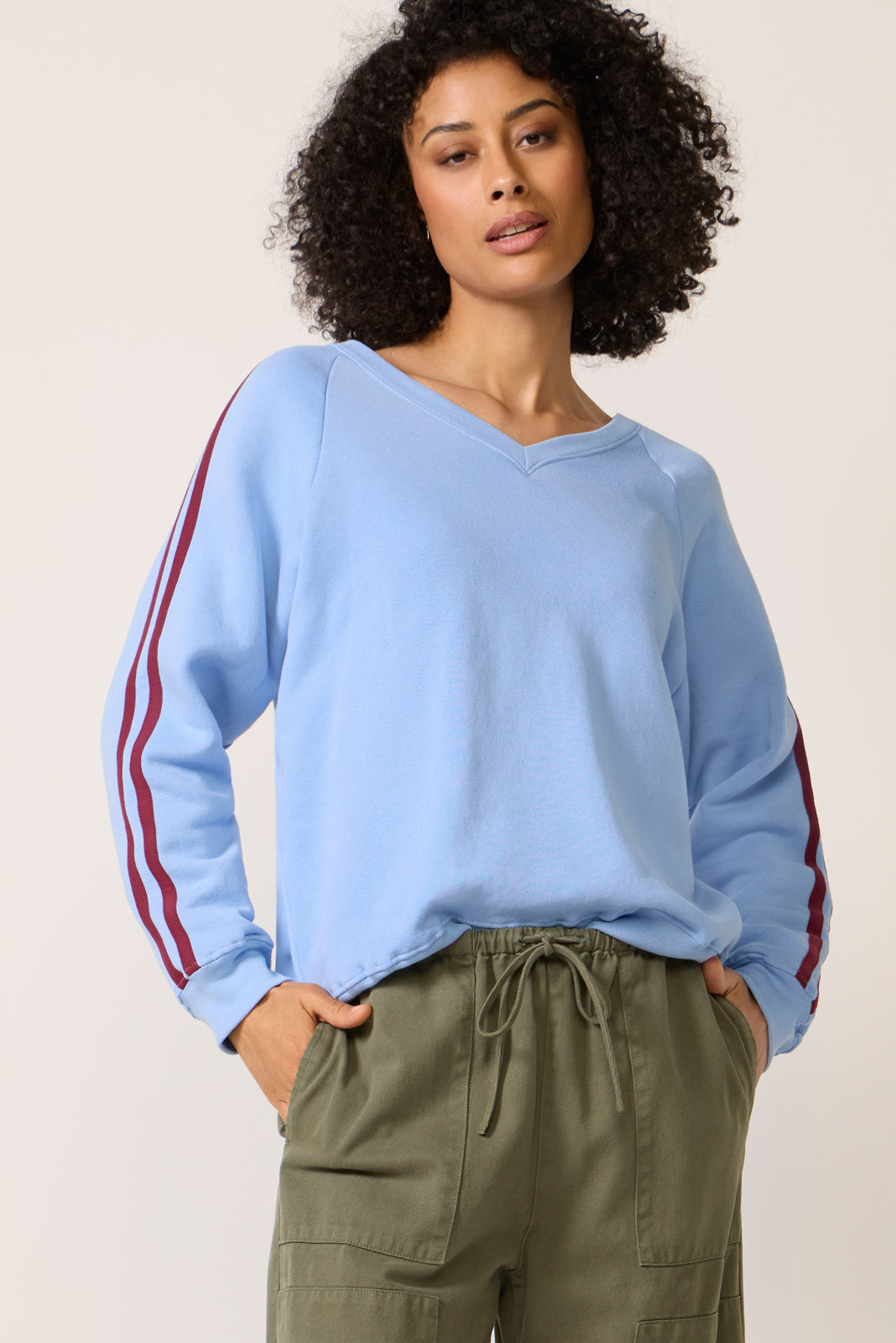 Solid V Neck Track Sweatshirt