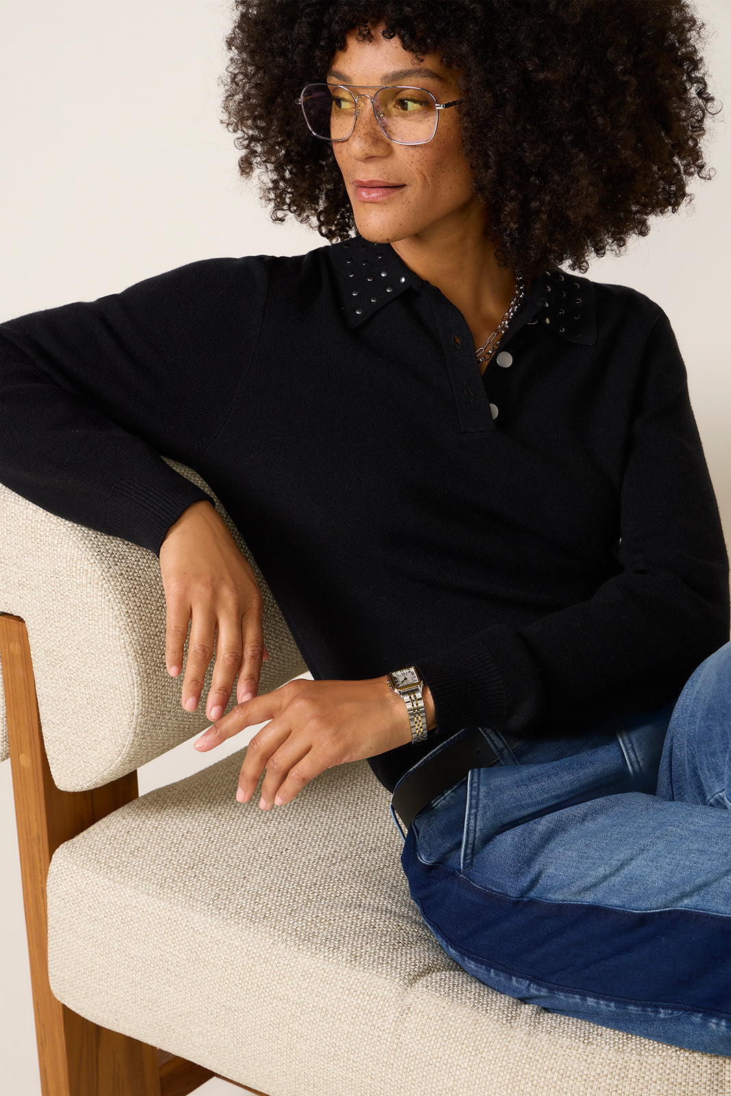 Matty Studded Collar Polo Sweater