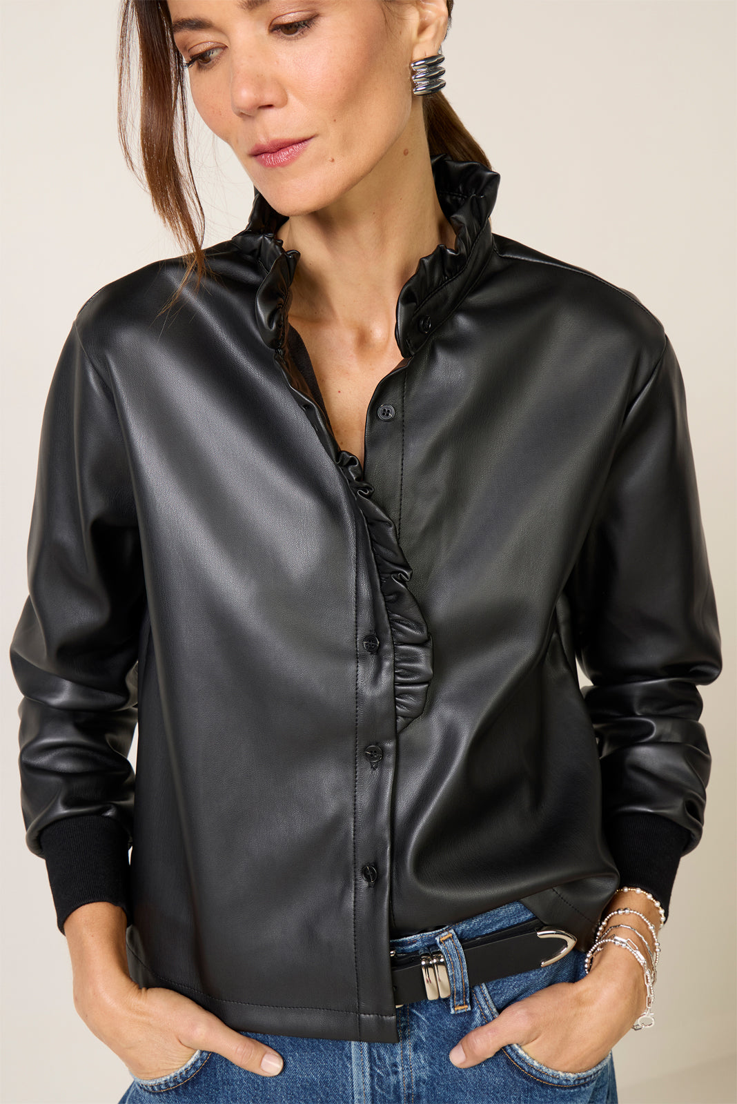 Faux Leather Ruffle Neck Shirt