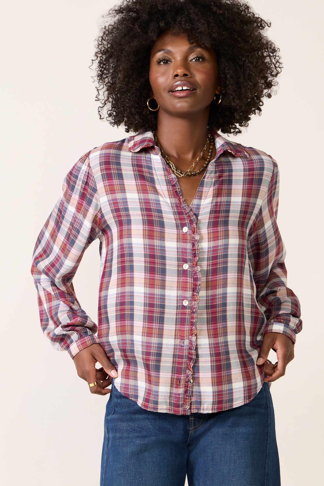 Plaid Ruffle Button Down