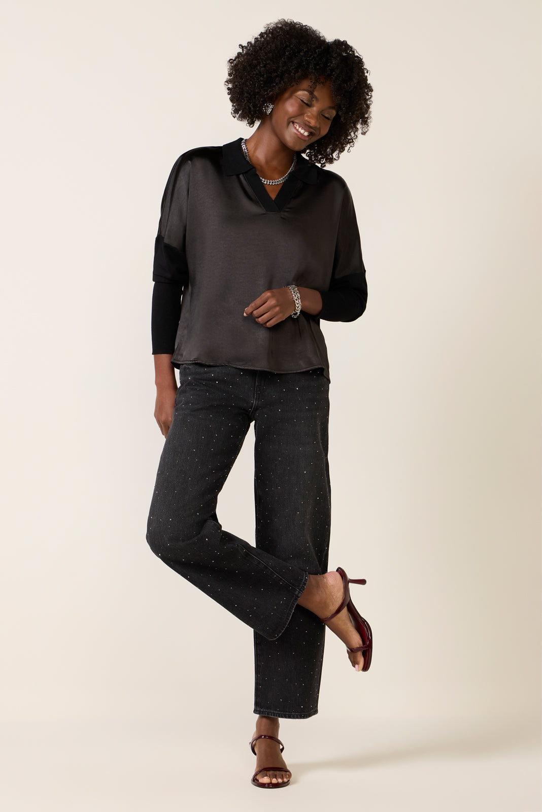 Tina Mixed Media Satin Top