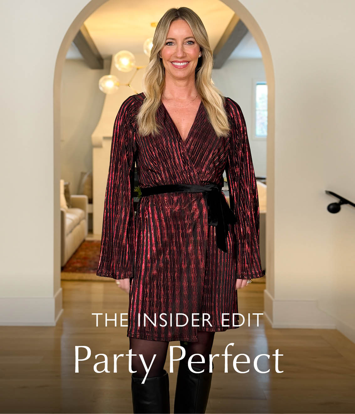 Image of woman wearing red wrap holiday dress with boots