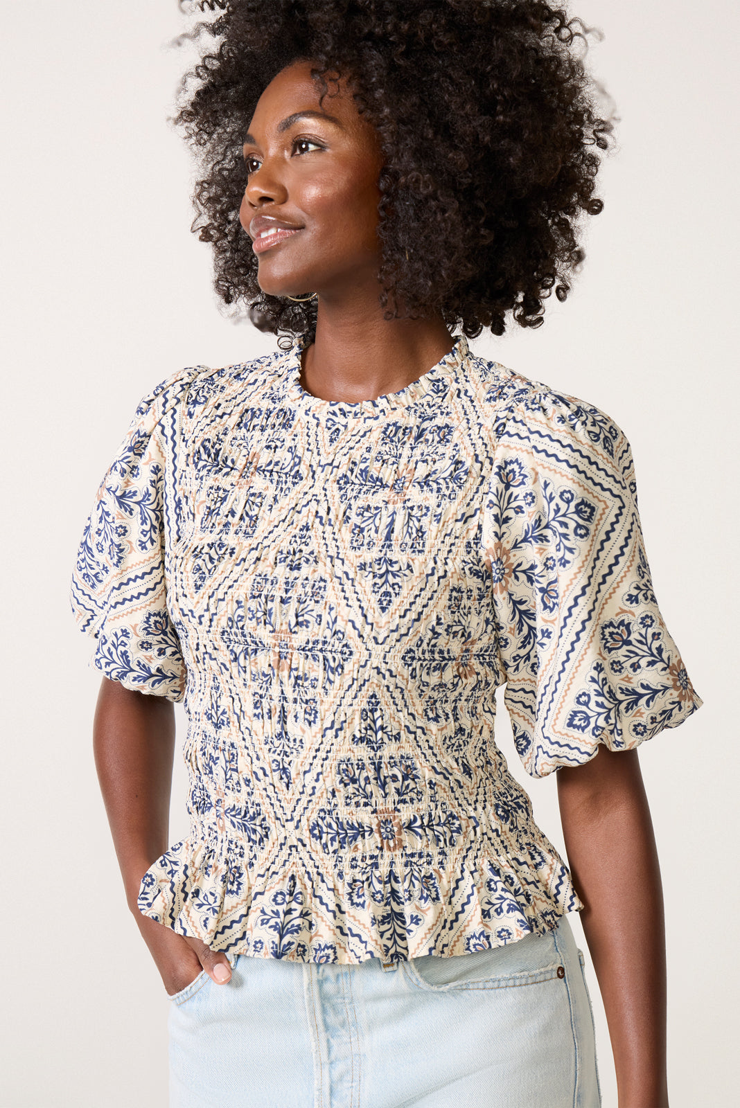 BLAMINK MS CO CN PUFF SLカットソー fresh blooms puff sleeve dress // blue *zoco exclusive* – shop zoco