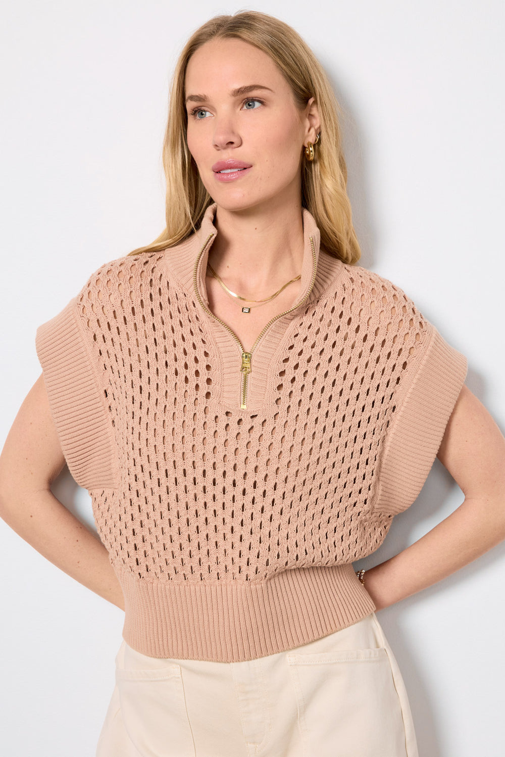 Varley Betty Jacquard Half Zip in Light Taupe