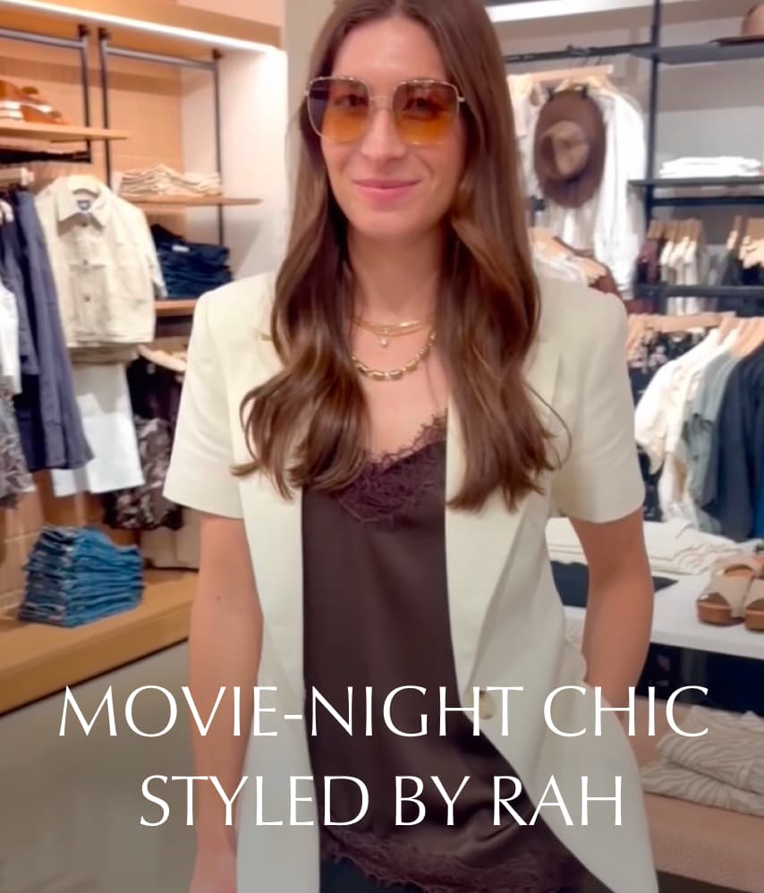 Image of woman in brown cami and white blazer. Movie-night chic. 
