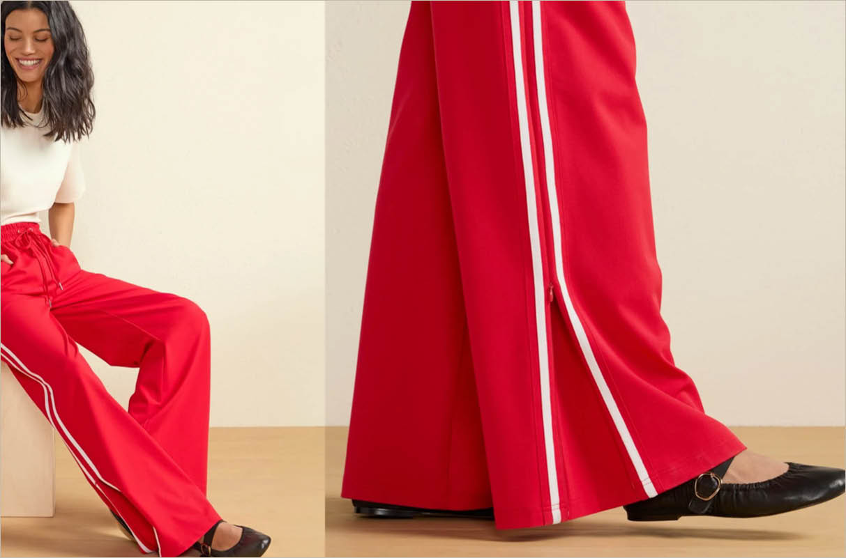 Image of woman wearing red track pants with a white shirt