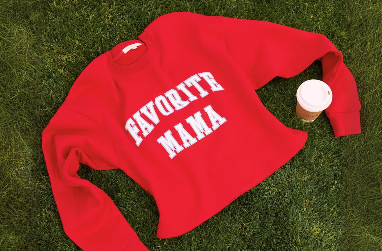 Image of red Favorite Mama sweatshirt. 