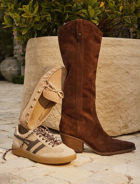 Image of a tall boot, a sneaker, and a loafer