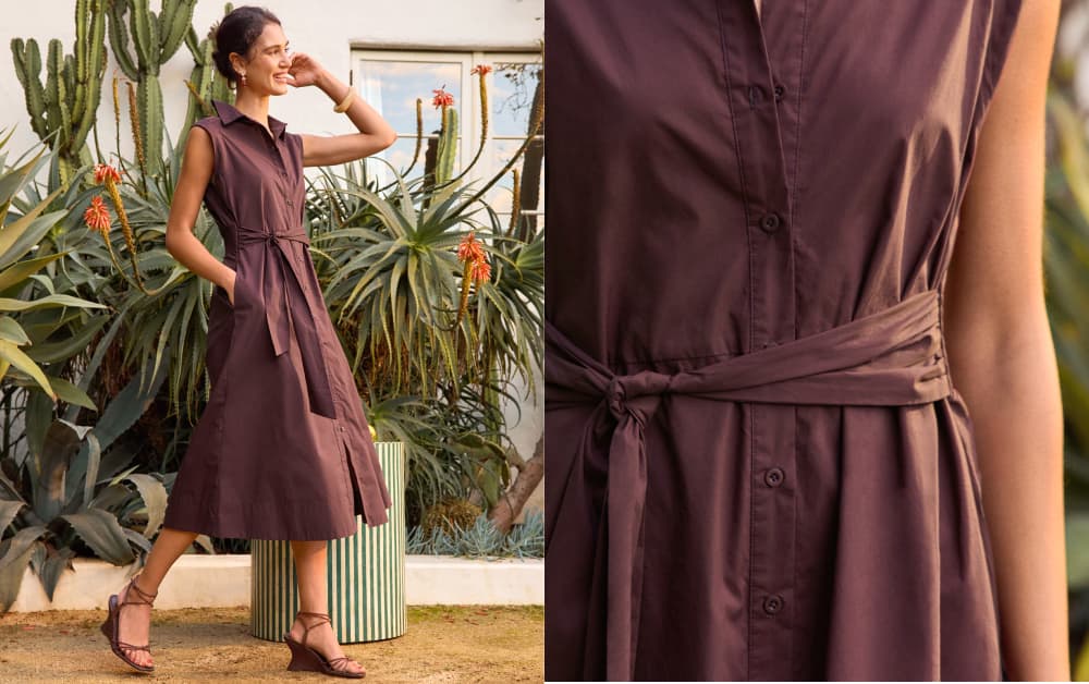 Image of woman wearing a brown shirt dress with sandals