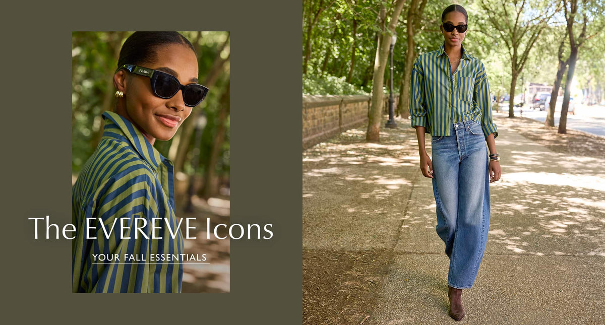 Woman wearing green and blue striped button down shirt with blue jeans and gold earrings