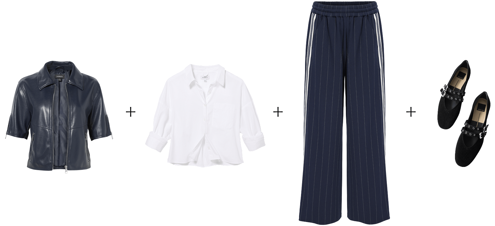 Image of a jacket, shirt, track pants, and flats