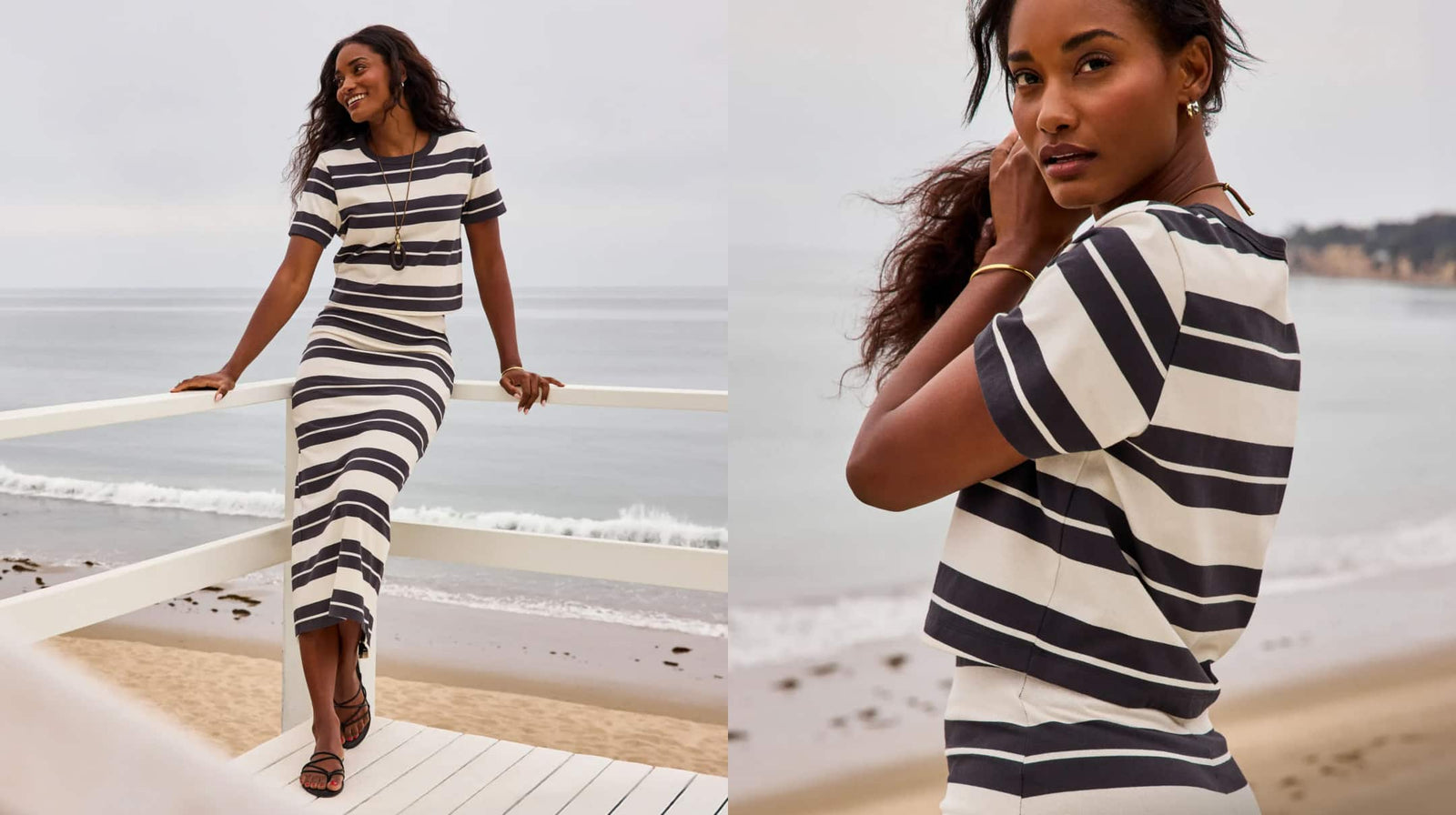 Image of woman wearing a striped tee and maxi skirt matching set. 