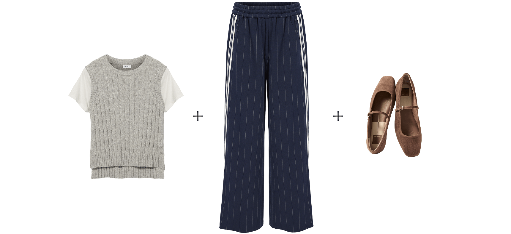 Image of sweater, track pants, and brown flats