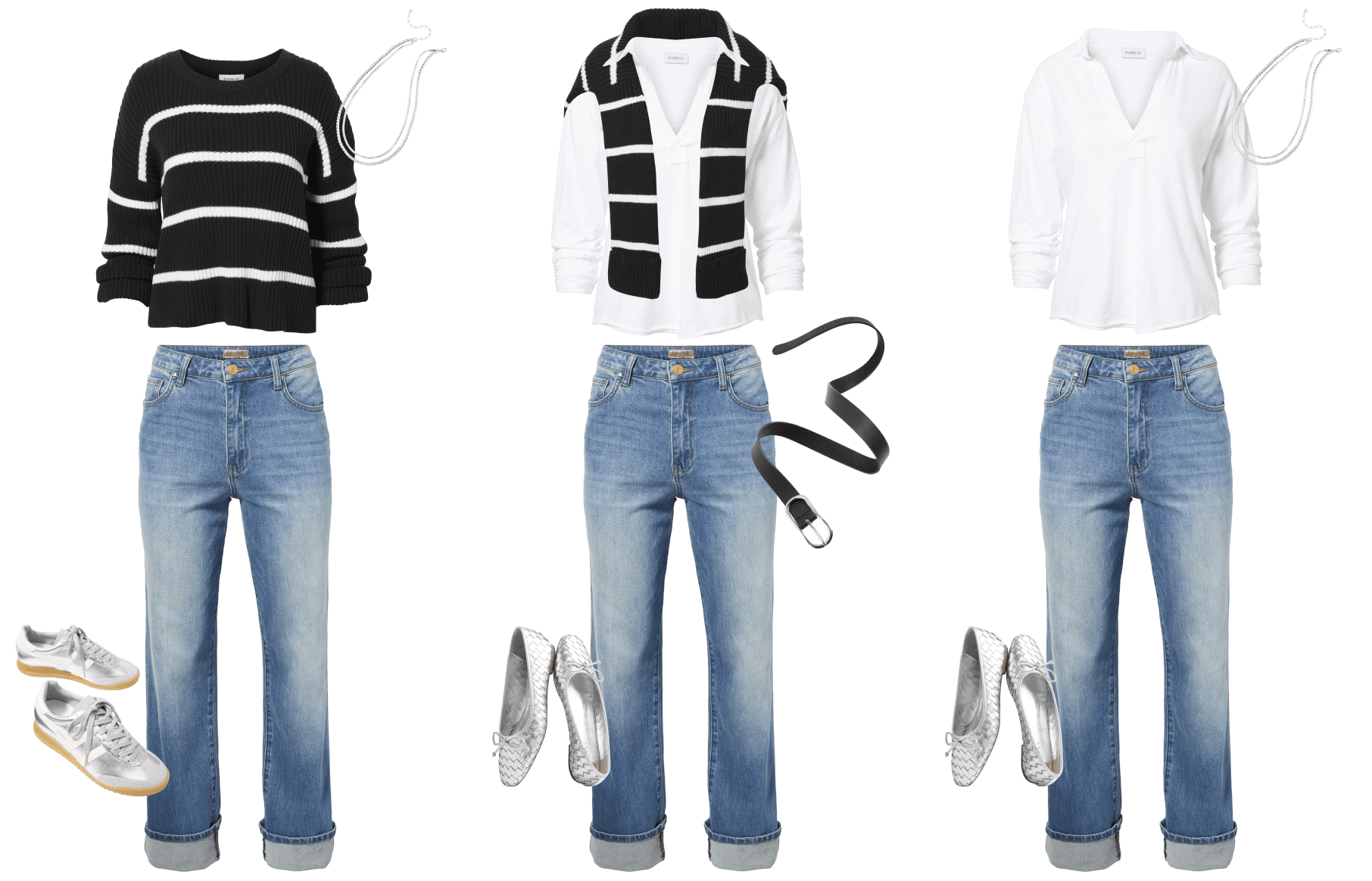 Image of three looks: blue jeans and stripe sweater, blue jeans and polo shirt with black belt, blue jeans with polo shirt and ballet flats. 