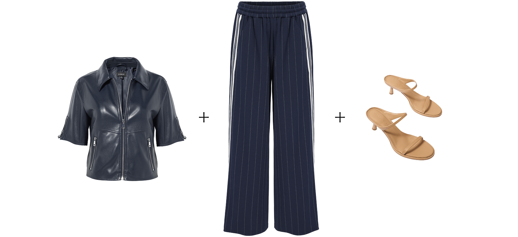 Image of moto jacket, track pants, and tan sandals