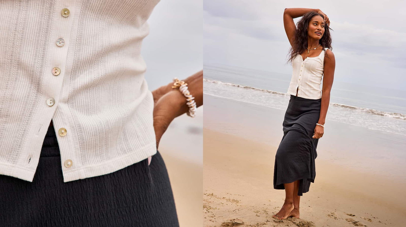 Image of woman on the beach wearing a white tank and black maxi skirt. 