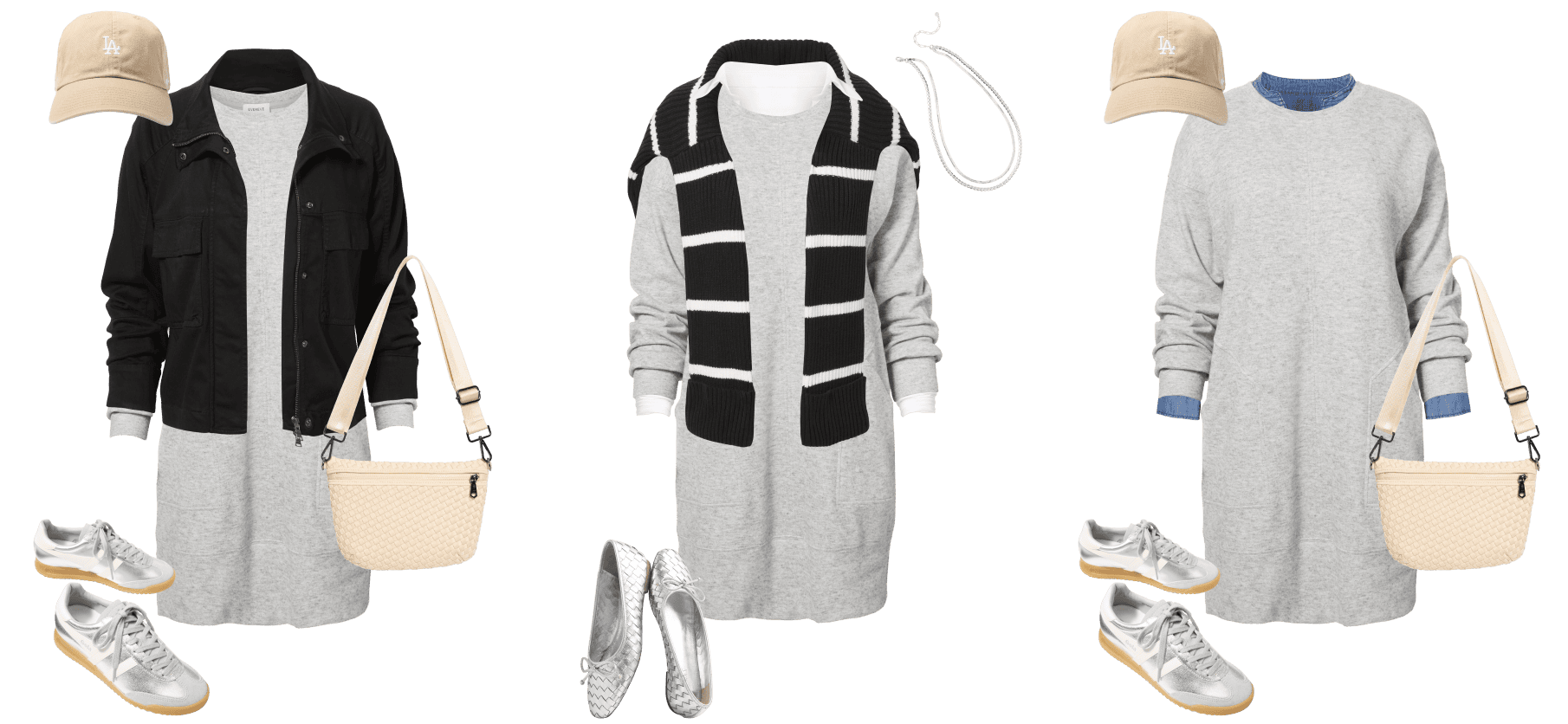 Image of three looks: grey t-shirt dress with  black jacket and sneakers, grey t-shirt dress with silver flats, grey t-shirt dress with ivory bag and silver sneakers.