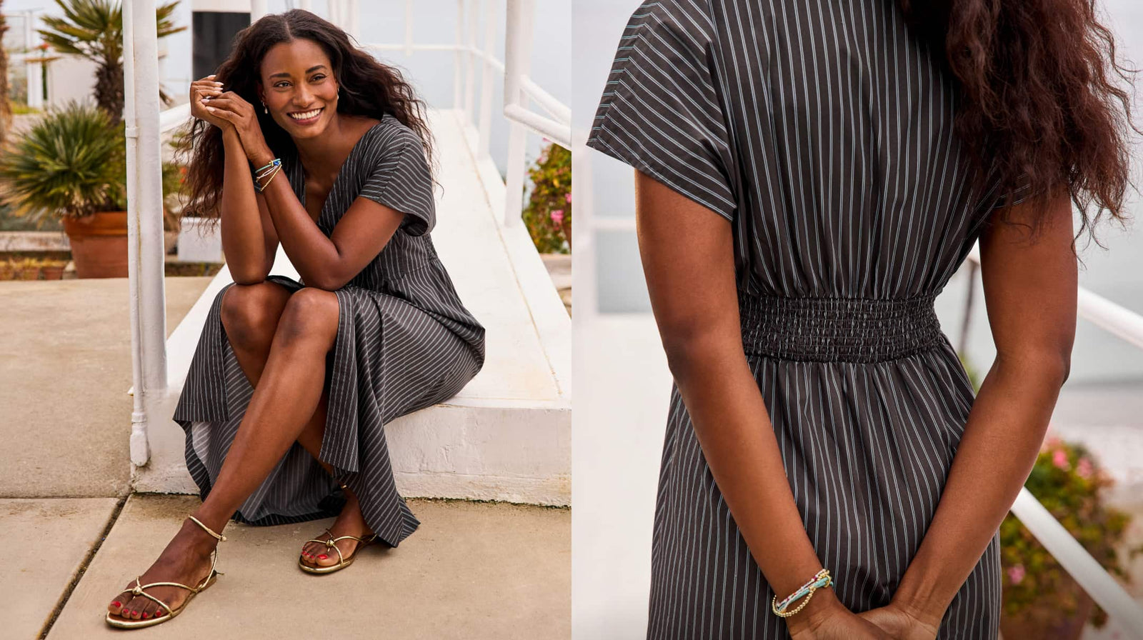 Image of woman wearing a striped maxi dress with gold sandals. 