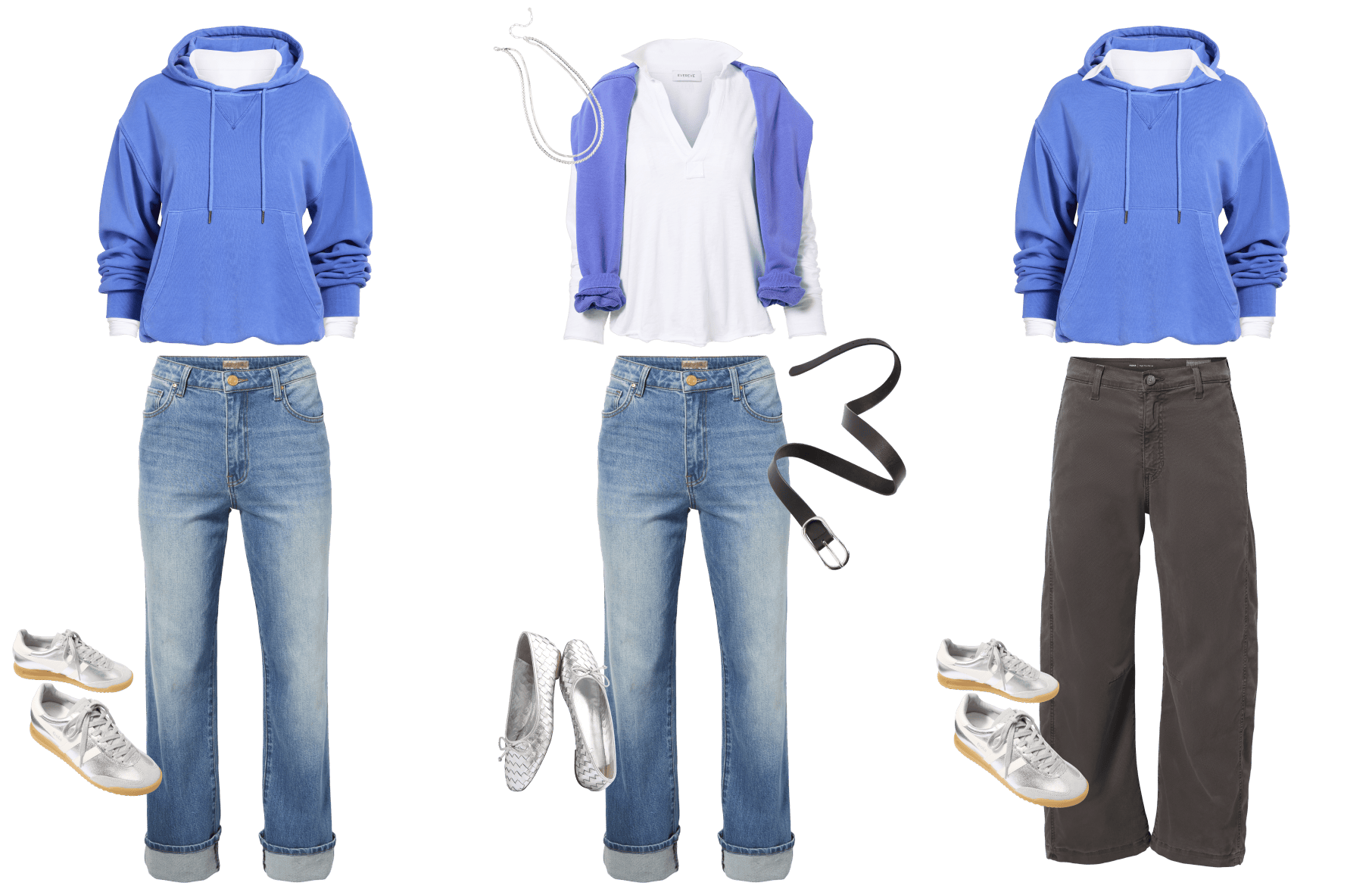 Image of three looks: blue hoodie with blue jeans and silver sneakers, white polo shirt with blue jeans and silver flats, blue hoodie with brown pants and silver sneakers.