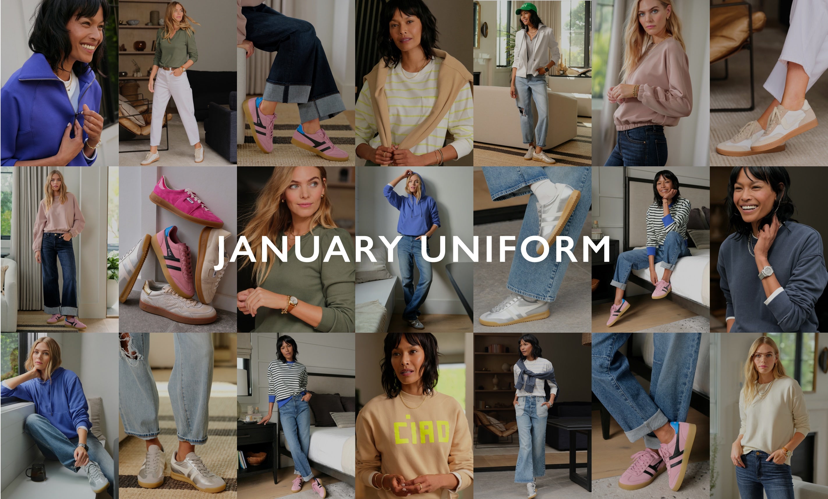 Image grid of several women wearing January fashion looks. Text over image reads, "January Uniform". 