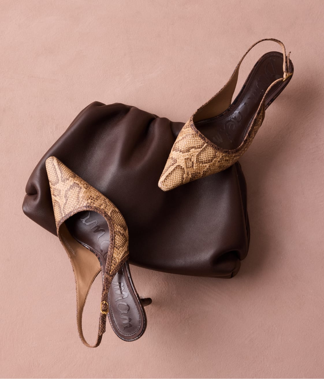Image of snake print slingback heels and a brown leather clutch.