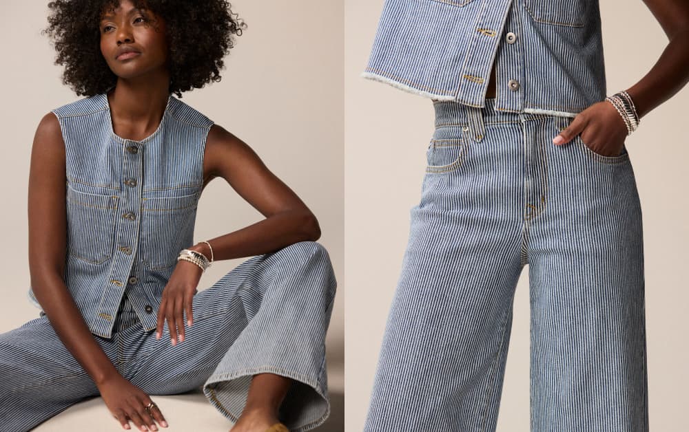 Image of woman wearing stripe denim vest with matching stripe wide leg jeans