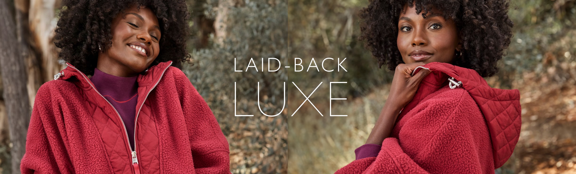 Woman standing outside wears a red  zip-up jacket over a burgundy turtleneck. Text over image reads: "Laid-Back Luxe". 