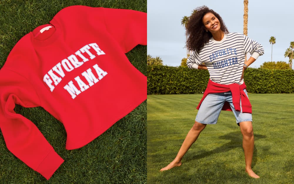 Image of woman wearing a grey favorite daughter sweatshirt next to an image of a red sweatshirt