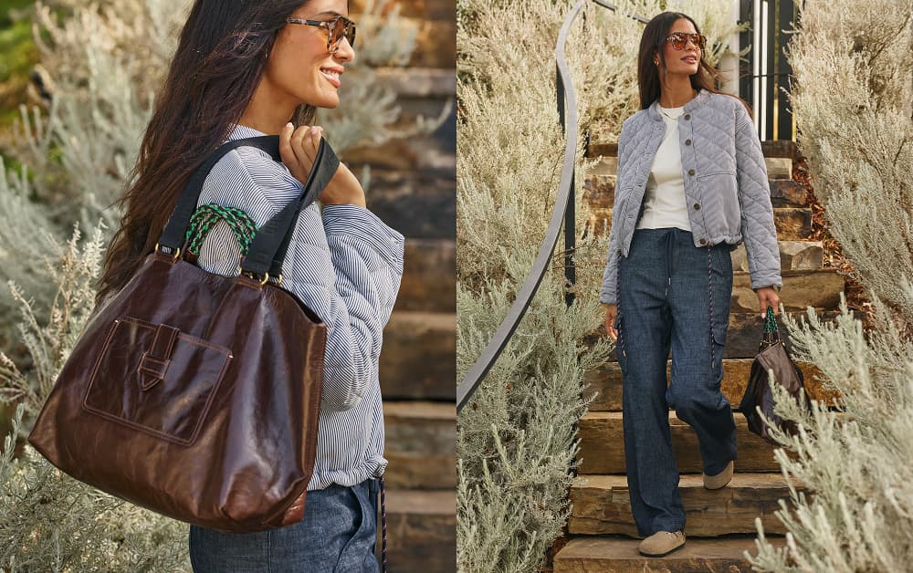 Image of woman wearing quilted jacket with jeans and a leather tote bag