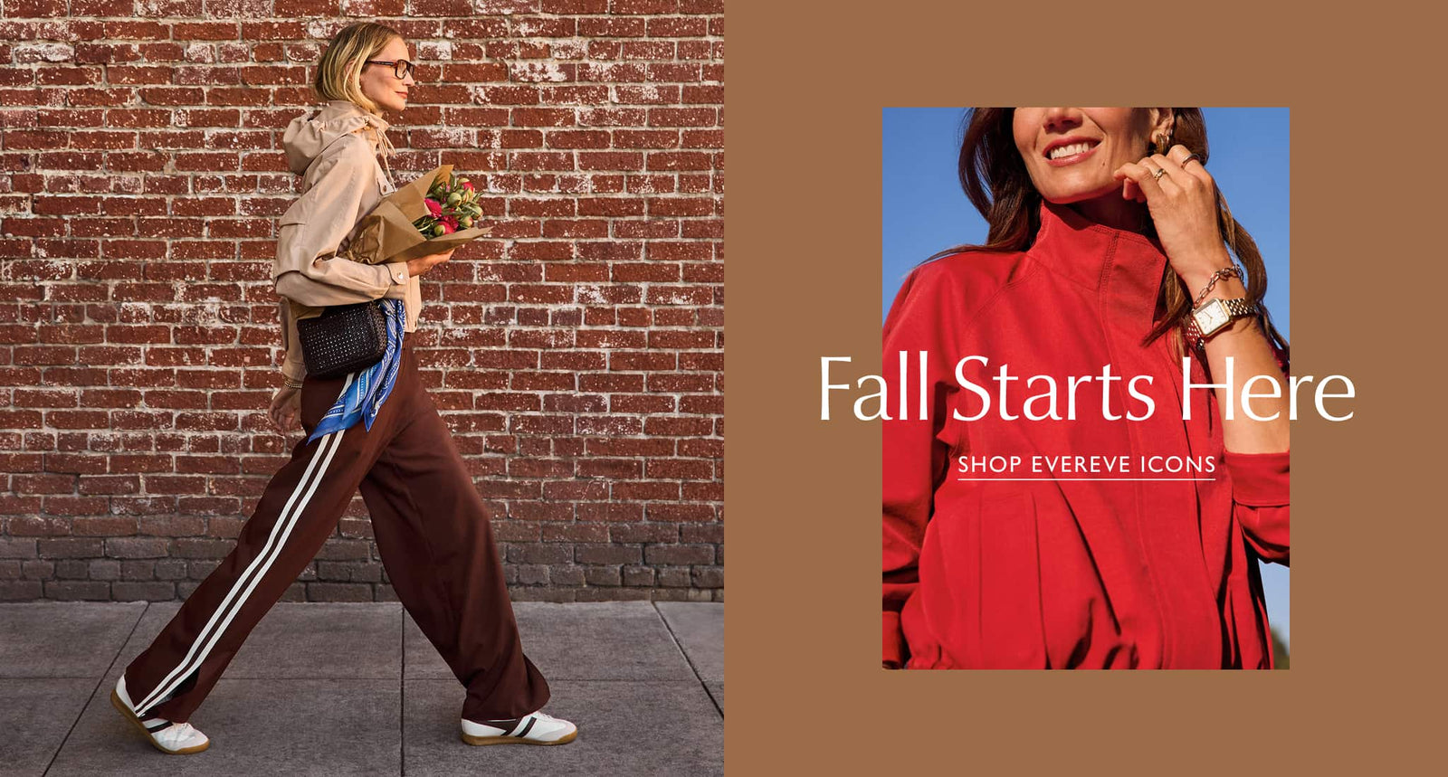 Woman wearing brown track pants and woman wearing red bomber jacket. Fall starts here, Shop Evereve Icons