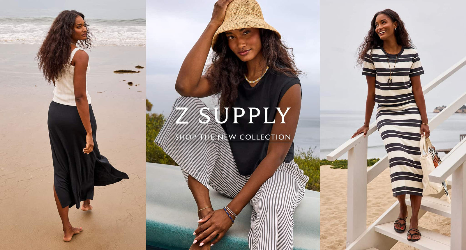 Image of woman wearing a black tank, striped pants, and a straw hat. Z Supply, Shop the New collection