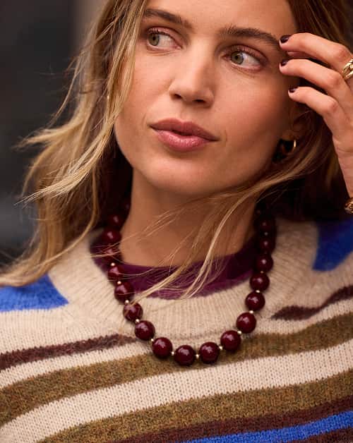 Stripe multi-colored sweater with Vida beaded necklace by EVEREVE