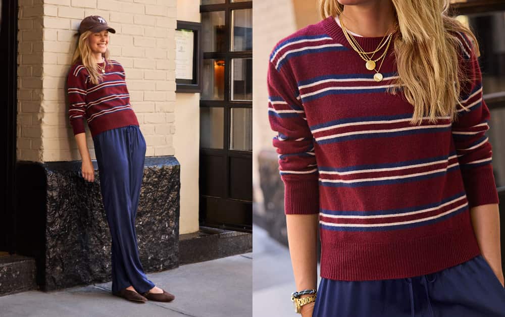 Woman wearing maroon striped cashmere sweater with a satin drawstring pant