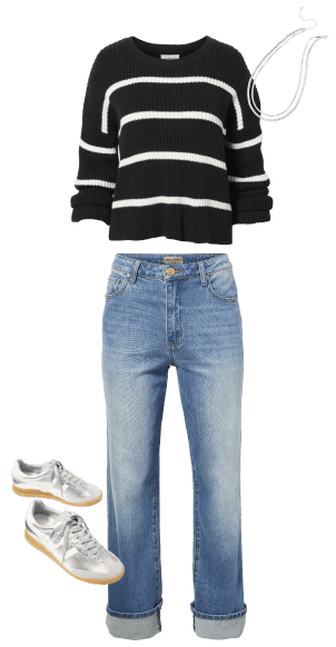 Image of stripe sweater, blue jeans, sneakers, and silver necklace.