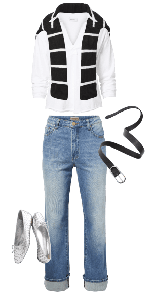 Image of white polo shirt with blue jeans, black belt, and silver flats.