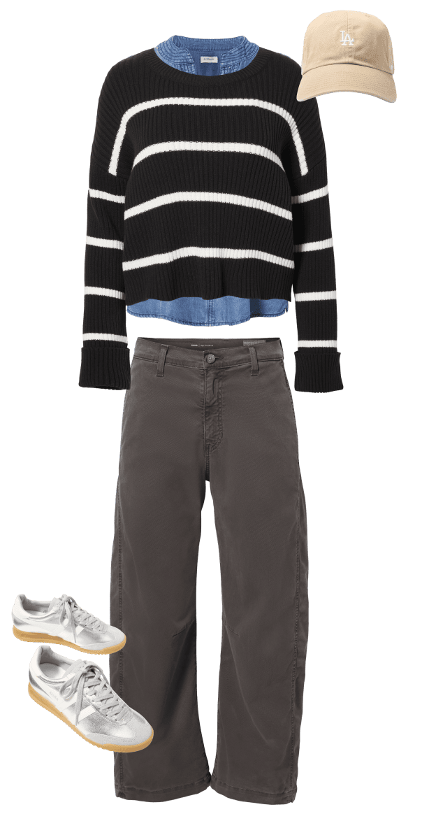 Image of stripe sweater with brown pants, tan hat, and silver sneakers.