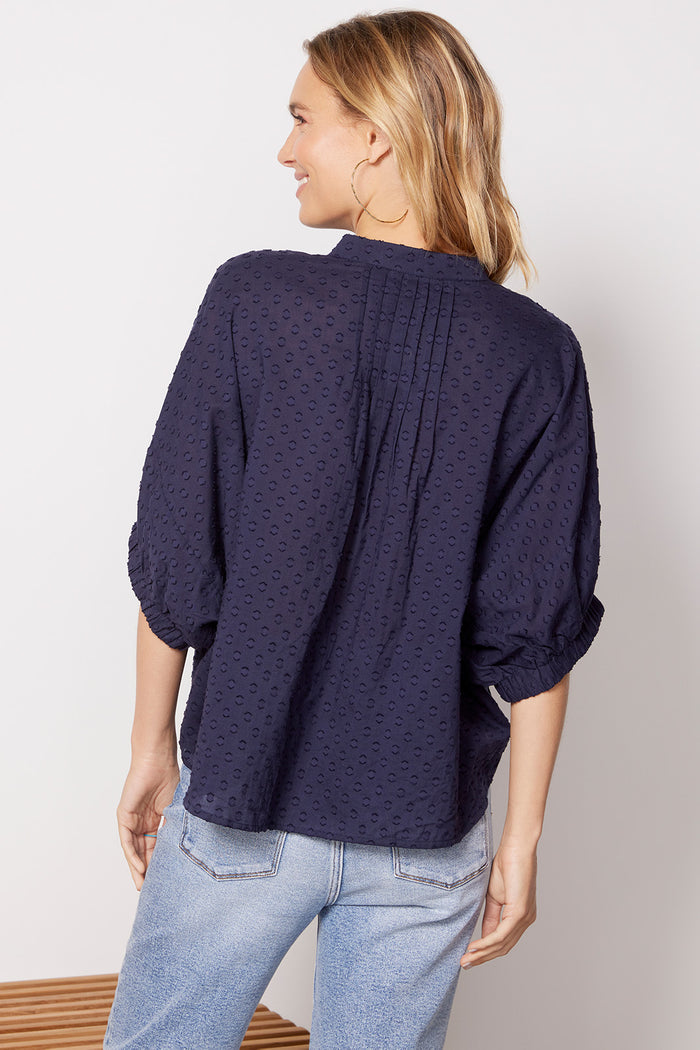 WHITE & NAVY STRIPE MANDARIN COLLAR KNIT TOP main image 1