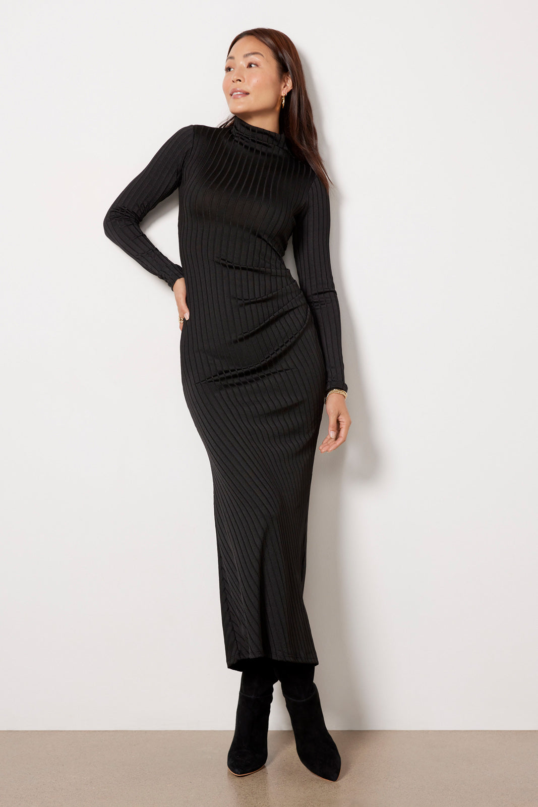 Shine Rib Funnel Neck Midi Dress